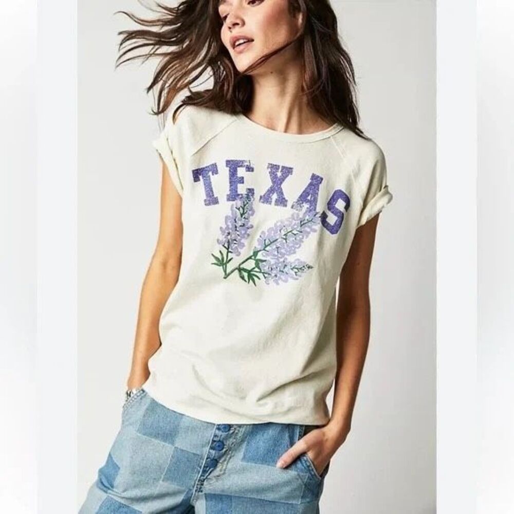 Free People We The Free Texas State Flower Bluebonnet Graphic Tee Cream M NEW - Picture 7 of 13